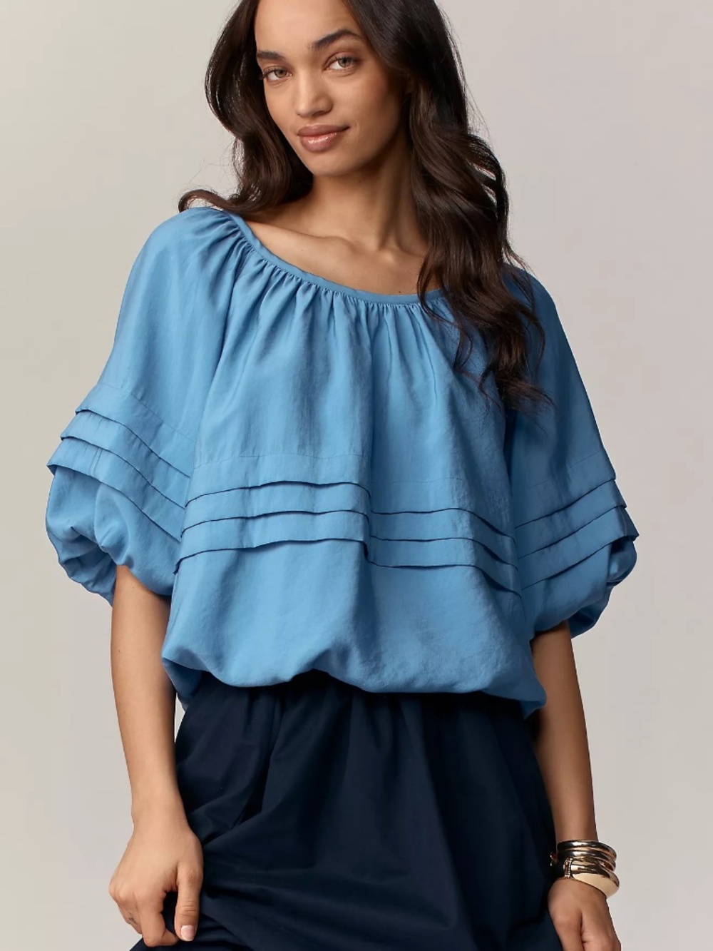 Anthropologie Maeve Dark Blue Short-Sleeve Bubble Tiered Top - Size Large